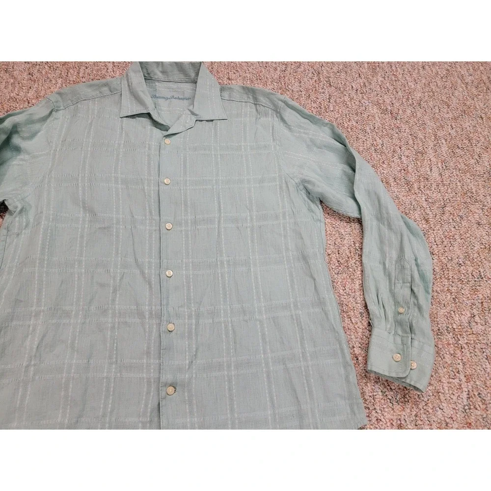 Tommy Bahama Shirt Mens Large Blue Linen Button Up Hawaiian Aloha Camp‎ Tropical